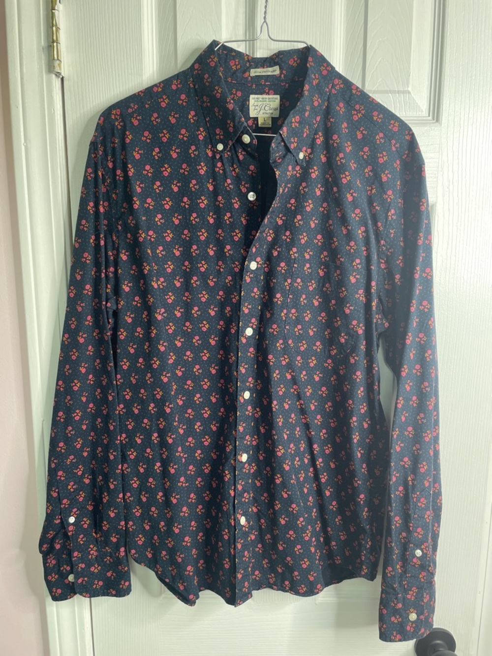 J. Crew Navy Button-Down Shirt with Pink Floral Print. Slim Untucked. Nice